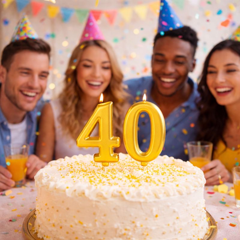 Bougie Anniversaire Élégante Doré, les chiffres représentés sont le 4 et le 0, ils sont posés sur un gâteau d'anniversaire blanc et il y a deux couples qui sont heureux. Ambiance festive.