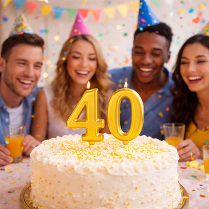 Bougie Anniversaire Élégante Doré, les chiffres représentés sont le 4 et le 0, ils sont posés sur un gâteau d'anniversaire blanc et il y a deux couples qui sont heureux. Ambiance festive.