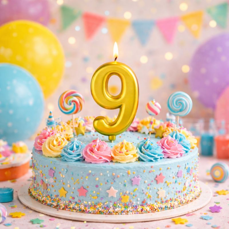 Bougie Anniversaire Élégante Doré, le chiffre représenté est le 9 et la bougie est posé sur un gâteau d'anniversaire enfantin.