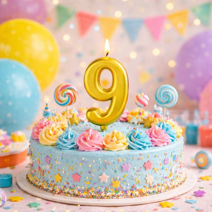 Bougie Anniversaire Élégante Doré, le chiffre représenté est le 9 et la bougie est posé sur un gâteau d'anniversaire enfantin.