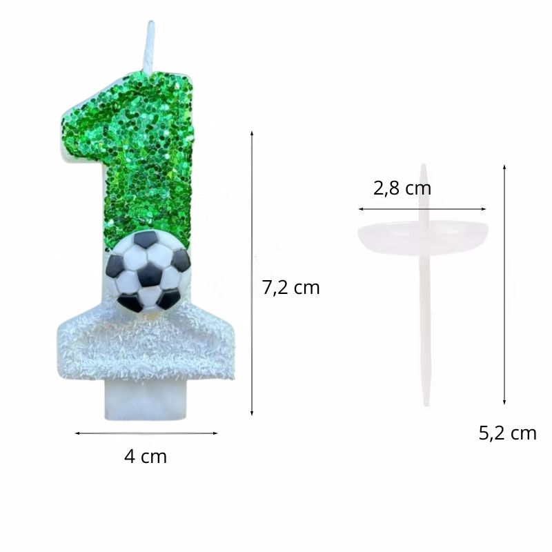 Bougie Anniversaire Fan de Football, de couleur verte, avec ses dimensions et sur fond blanc.