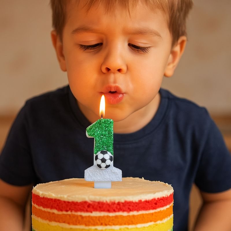 Bougie Anniversaire Fan de Football, un petit garçon souffre sa bougie, le chiffre de celle-ci est le 1.