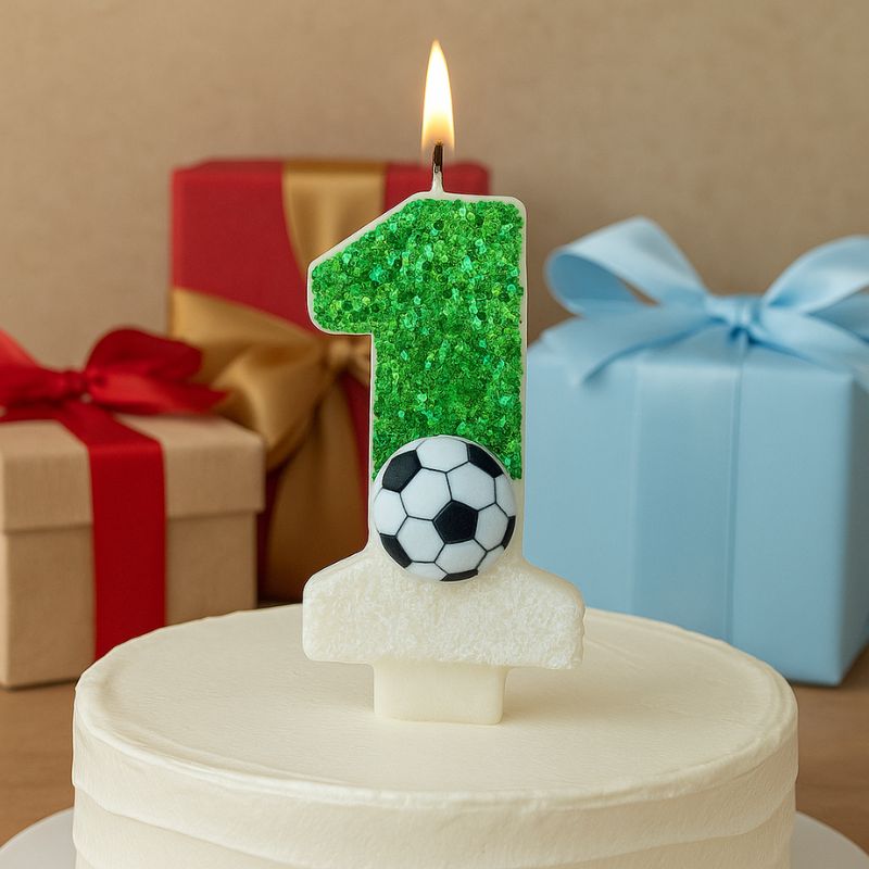 Bougie Anniversaire Fan de Football, de couleur verte et blanche, avec un ballon sur la bougie, son chiffre est le 1, posée sur un gâteau d’anniversaire avec des cadeaux en arrière plan.