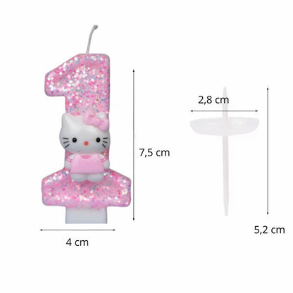 Bougie Anniversaire Girly, avec ses dimensions, de couleur rose à paillette, le chiffre est le 1 et sur fond blanc.