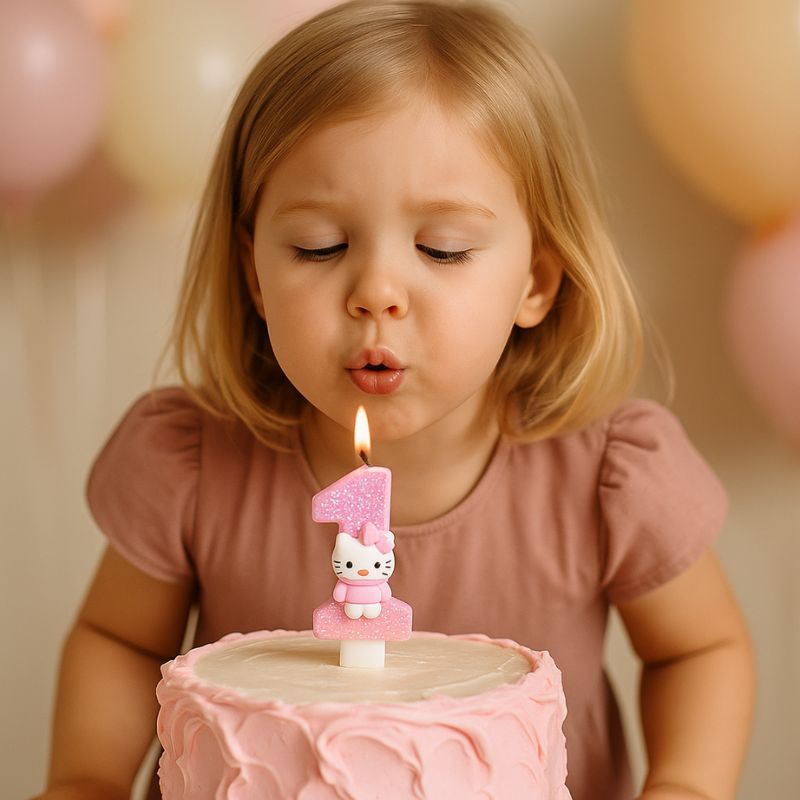 Bougie Anniversaire Girly, posée sur un gâteau d'anniversaire et une petite fille souffle dessus. La bougie est de couleur rose et le chiffre est le 1.