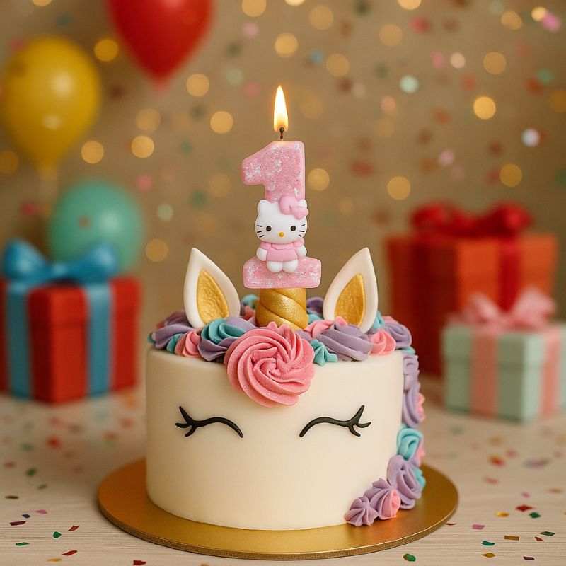 Bougie Anniversaire Girly, elle est posée sur un gâteau d'anniversaire licorne et dans une ambiance festive.