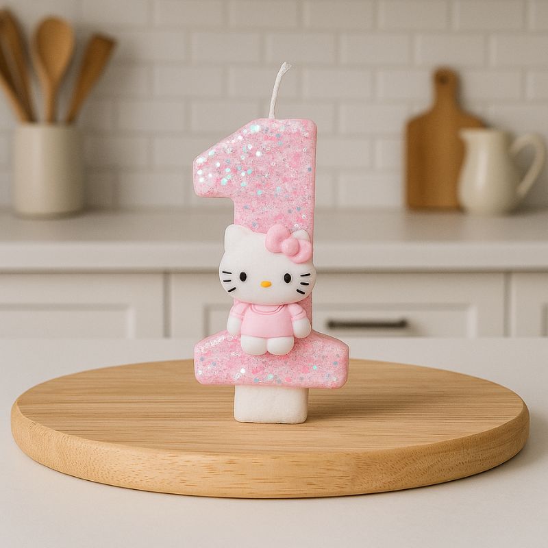 Bougie Anniversaire Girly, posée sur un plateau en bois et dans une cuisine. La bougie est rose et le chiffre représenté est le 1.