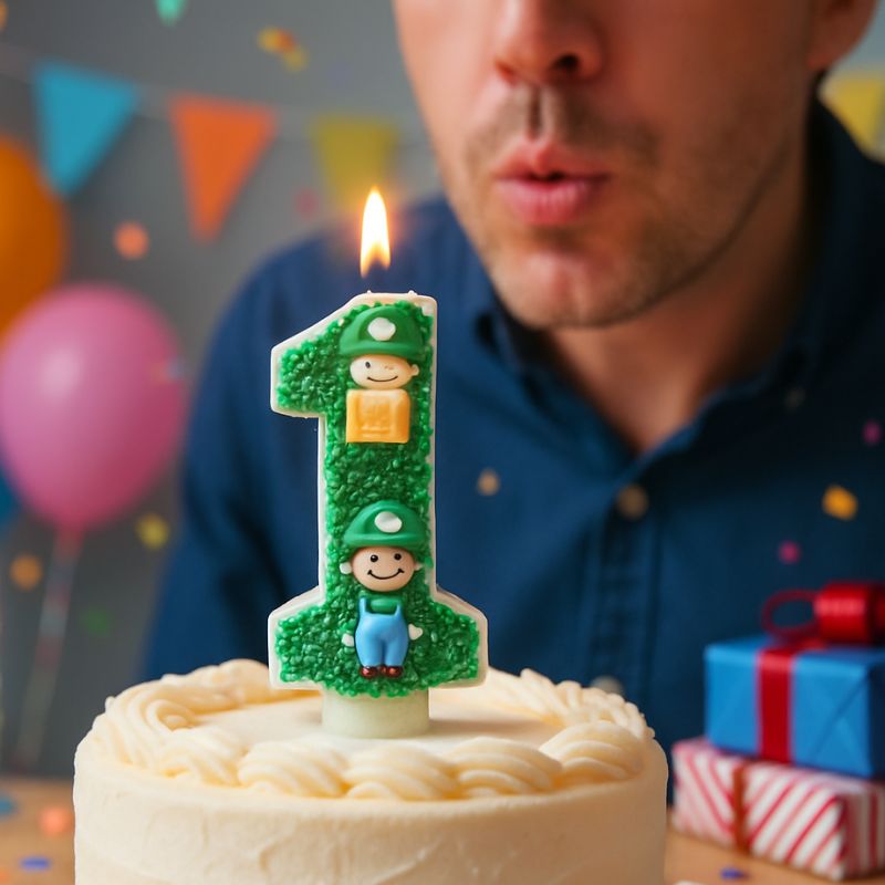 Bougie Anniversaire Héros Fantastique, le chiffre de la bougie est le 1, elle est allumée et posée sur un gâteau d’anniversaire. Un homme est en train de souffler la bougie.