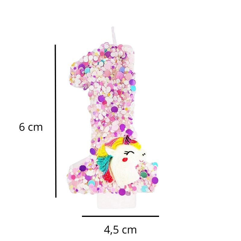 Bougie Anniversaire Licorne Explosion de Paillettes, avec ses dimensions et sur fond blanc. Le chiffre de la bougie est le 1.