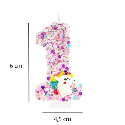 Bougie Anniversaire Licorne Explosion de Paillettes, avec ses dimensions et sur fond blanc. Le chiffre de la bougie est le 1.