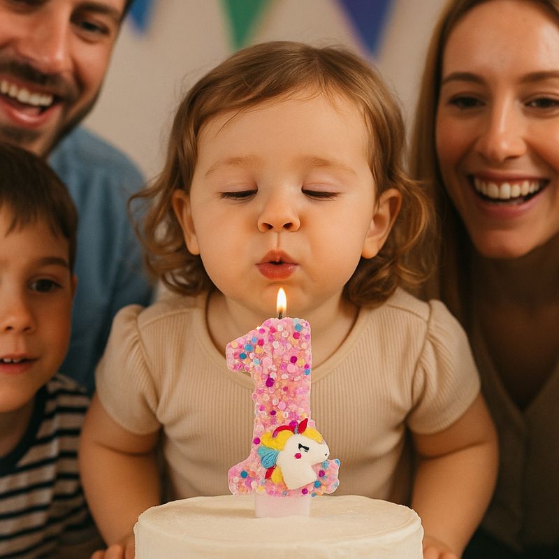 Bougie Anniversaire Licorne Explosion de Paillettes, une enfant est en train de souffle sa bougie dont le chiffre est le numéro 1 et il y a ses parents avec elle.