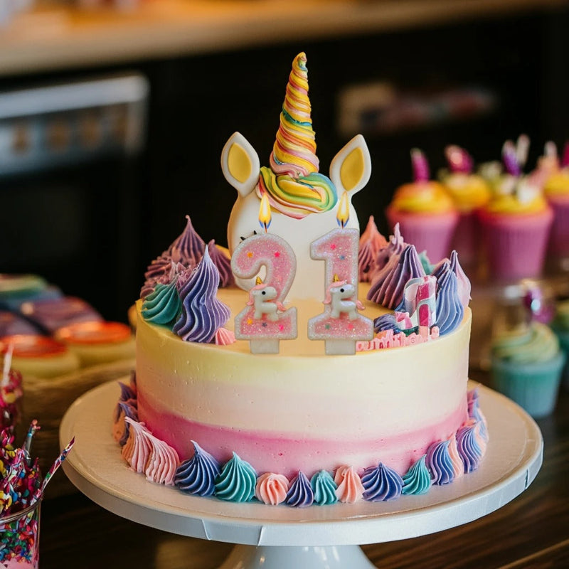 Bougie Anniversaire Licorne Rêve de Princesse, disposée sur un gâteau d'anniversaire licorne. Les chiffres représentés sont le 1 et le 2.