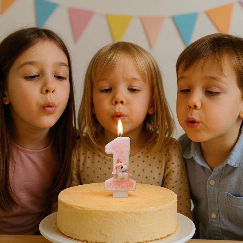Bougie Anniversaire Licorne Rêve de Princesse, avec des enfants qui soufflent les bougies, le chiffre est le 1.