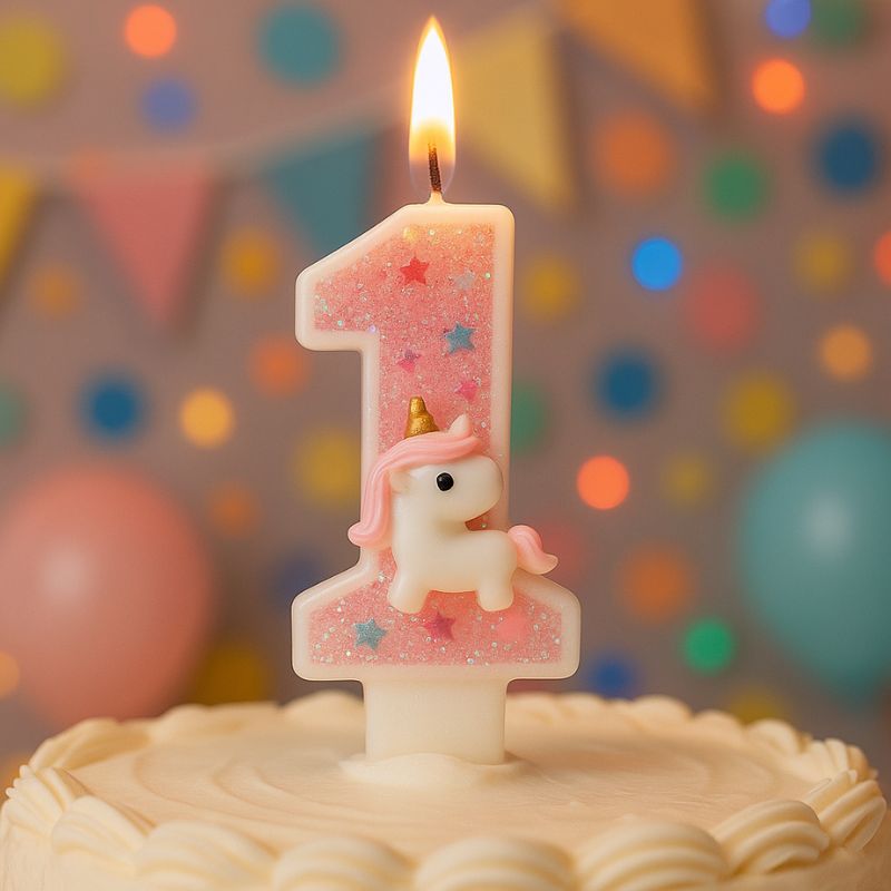 Bougie Anniversaire Licorne Rêve de Princesse, la bougie est allumée et disposée sur un gâteau d’anniversaire. Son chiffre est le 1 et avec une ambiance festive.