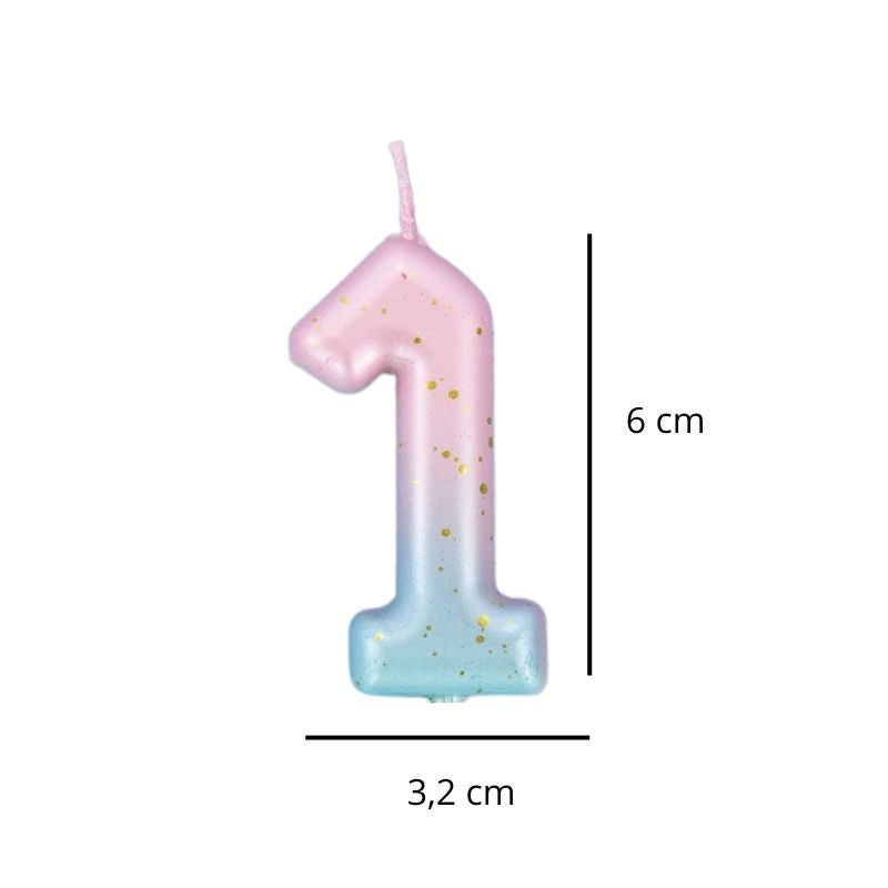 Bougie Anniversaire Look Sucré, le chiffre de la bougie est le 1, de couleur rose et bleu, avec ses dimensions et sur fond blanc.