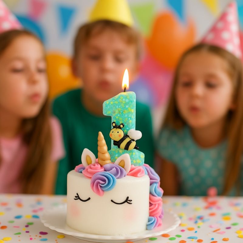 Bougie Anniversaire Magie du Jardin, le chiffre de la bougie est le 1, de couleur verte, allumée et posée sur un gâteau d'anniversaire en forme de licorne avec des enfants autour.