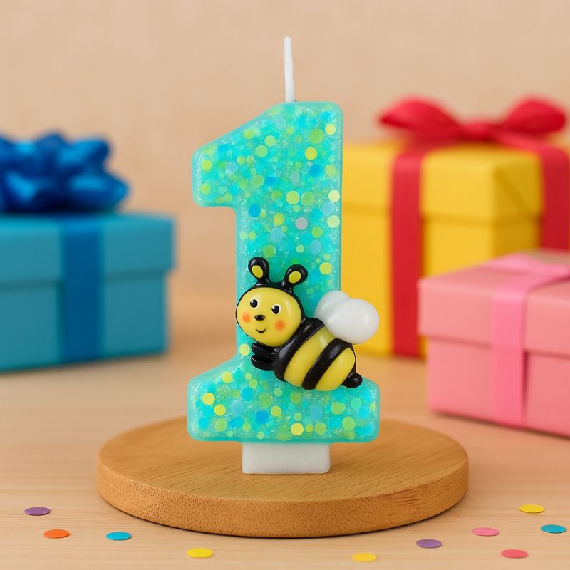 Bougie Anniversaire Magie du Jardin, posée sur un plateau en bois, avec des cadeaux en arrière-plan. Le chiffre de la bougie est le 1 et de couleur verte.
