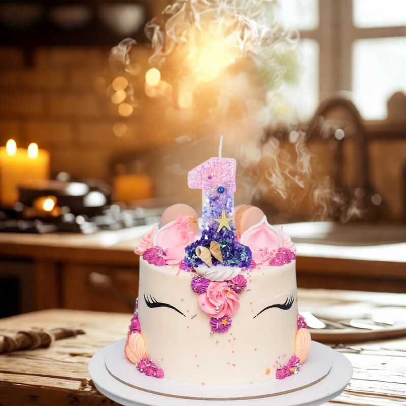 Bougie Anniversaire Pailletée Rose, disposée sur un gâteau d'anniversaire, dans une cuisine. Le chiffre de la bougie est le 1.