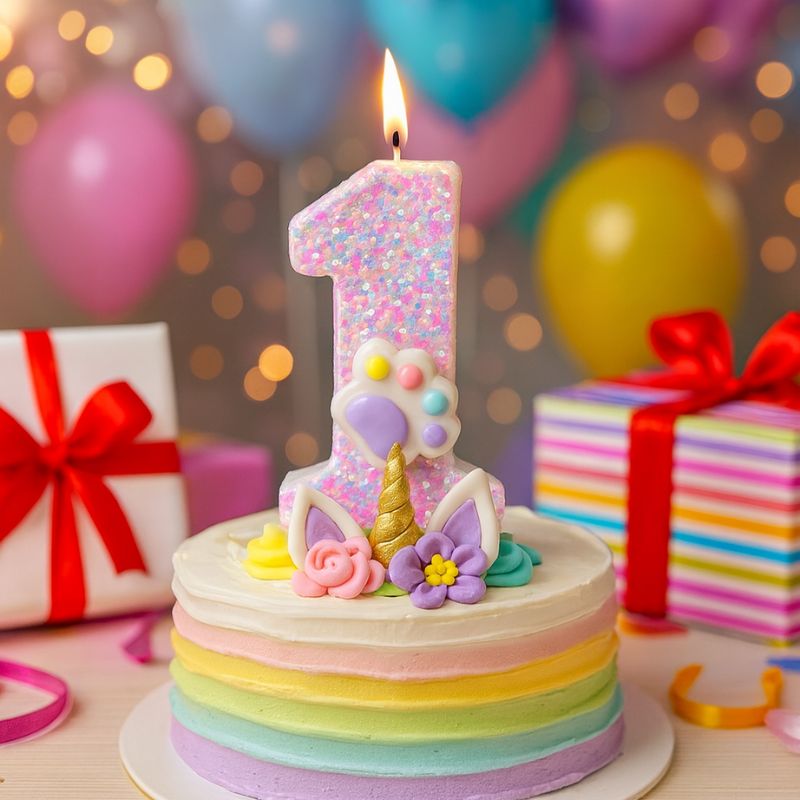 Bougie Anniversaire Patte Féline Scintillante, le chiffre est le 1, la bougie est posée sur u gâteau d'anniversaire licorne et avec une ambiance festive.