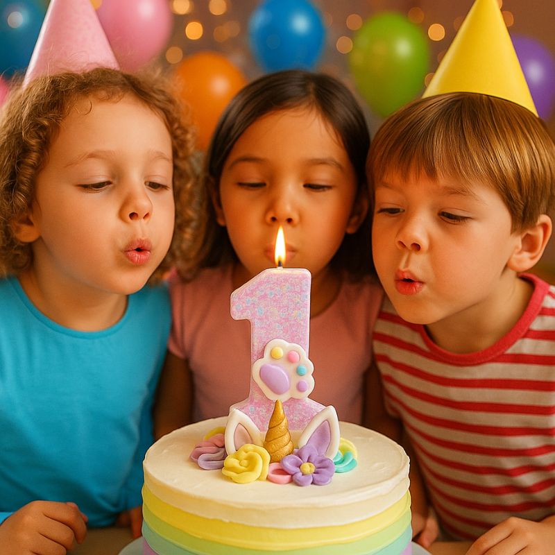 Bougie Anniversaire Patte Féline Scintillante, posée sur un gâteau d’anniversaire avec des enfants qui soufflent la bougie.