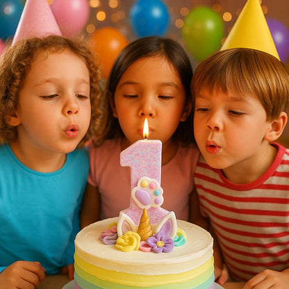 Bougie Anniversaire Patte Féline Scintillante, posée sur un gâteau d’anniversaire avec des enfants qui soufflent la bougie.