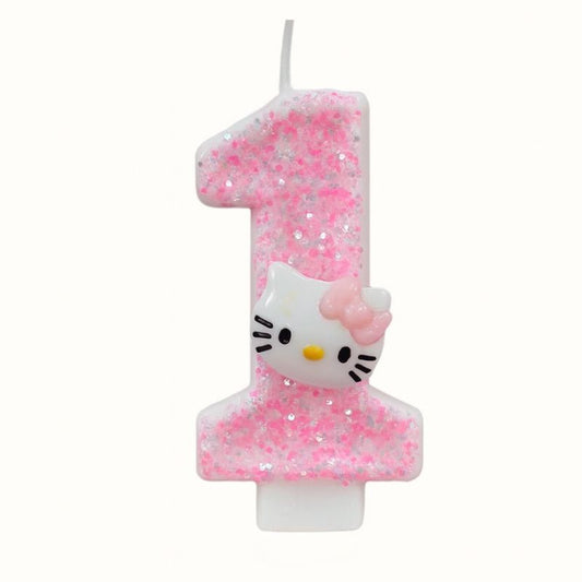 Bougie Anniversaire So Cute, de couleur rose à paillette, le chiffre représenté est le 1 et sur fond beige clair.