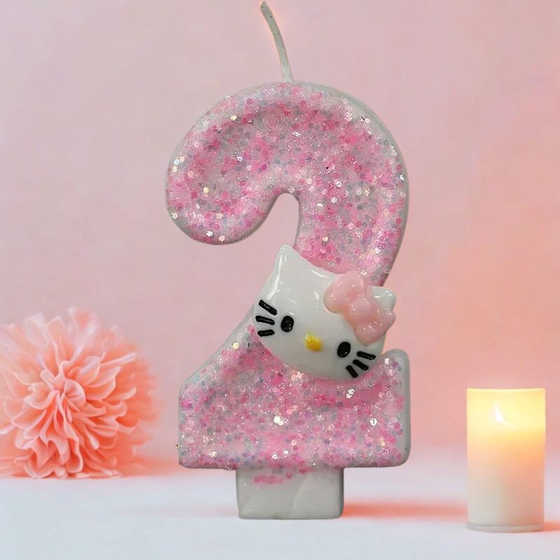 Bougie Anniversaire So Cute, de couleur rose à paillette, le chiffre est le 2 et sur fond rose.