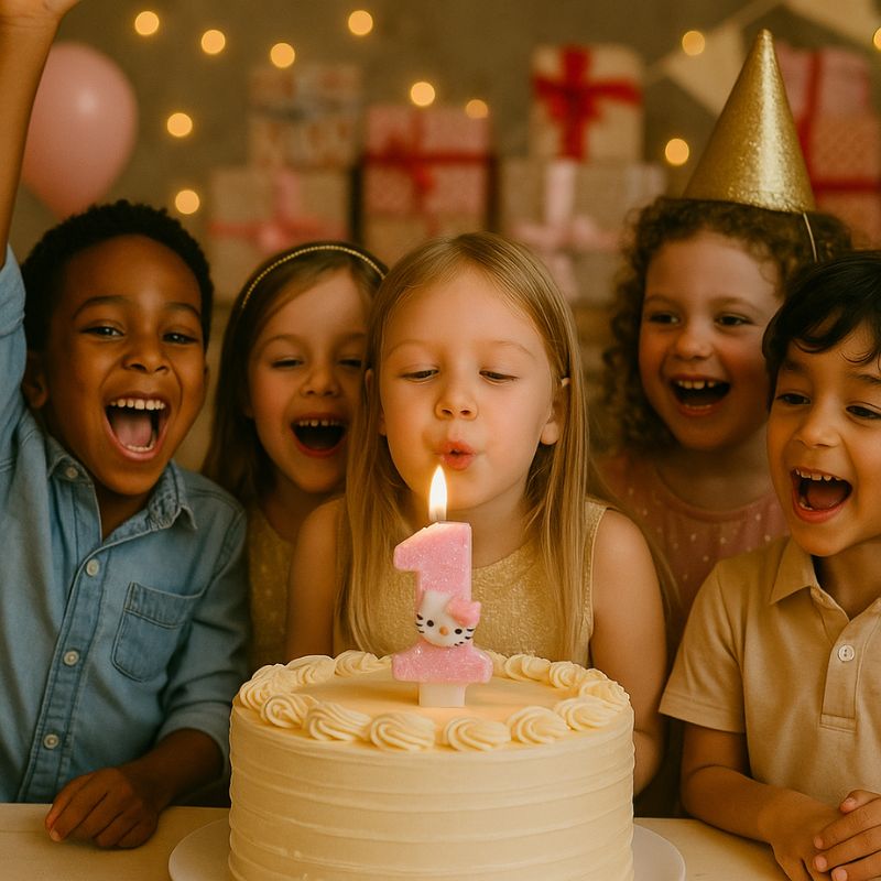Bougie Anniversaire So Cute, des enfants sont en train de souffler leur bougie, elle est rose, allumée et le chiffre de celle-ci est le 1. Ambiance festive