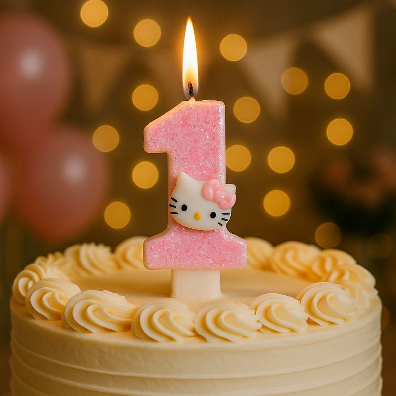 Bougie Anniversaire So Cute, la bougie est allumée, de couleur rose, le chiffre est le 1 et posée sur un gâteau d’anniversaire.