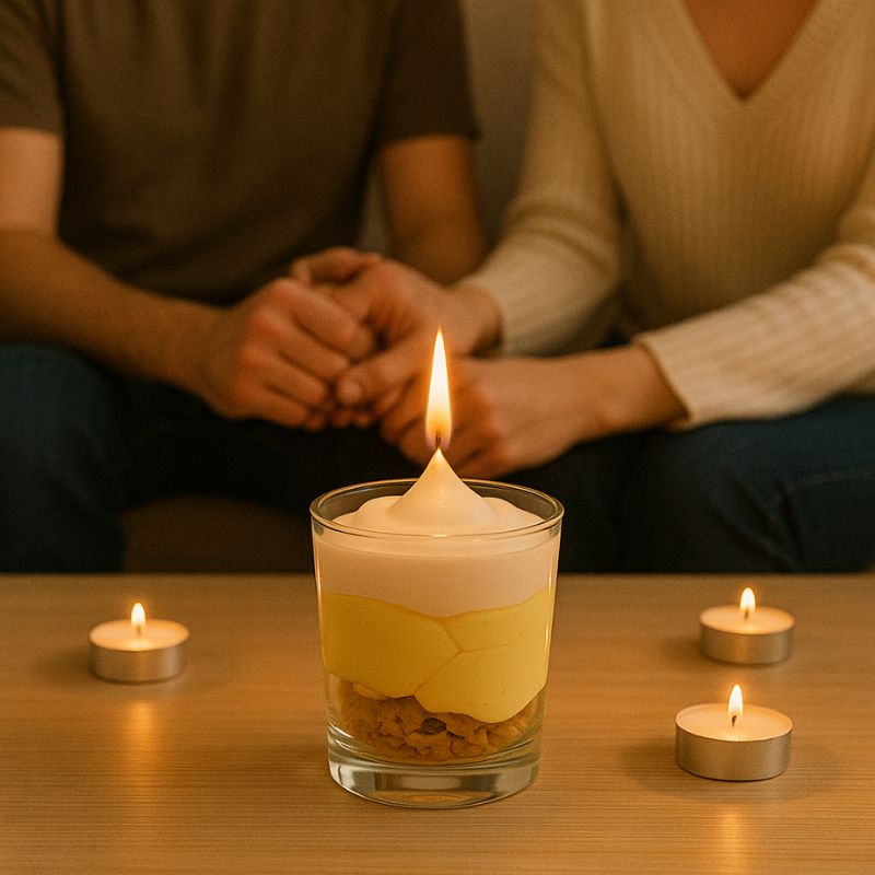 Bougie Bijou Artisanale Gourmande, la bougie est allumée, des bougies chauffes-plat sont posées autour et il y a deux personnes assises sur le canapé. Ambiance romantique.