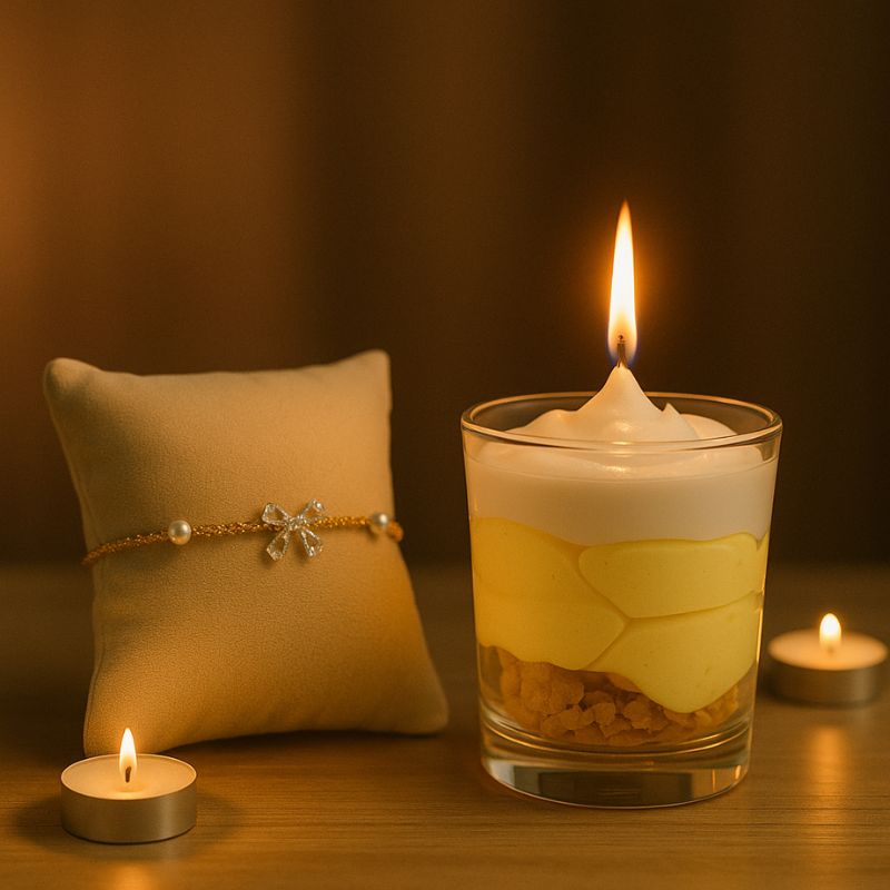 Bougie Bijou Artisanale Gourmande, la bougie chantilly est allumée et il y a le bijou bracelet en démonstration, le tout posés sur une table en bois.