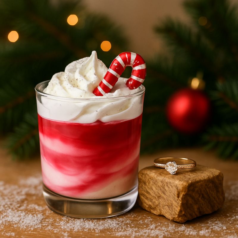 Bougie Bijou Cadeau Raffiné, la bougie est disposée à côté de la bague et dans un esprit de Noël.