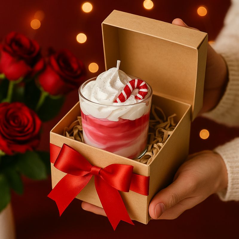 Bougie Bijou Cadeau Raffiné, la bougie est dans un coffret-cadeau, et dans une ambiance romantique.