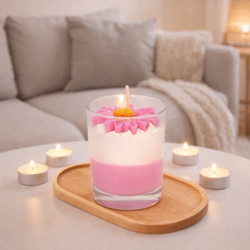 Bougie Bijou Douce Attention, la bougie est sur un plateau en bois et posé sur une table avec d'autres bougies chauffe-plat autour. Ambiance scandinave.