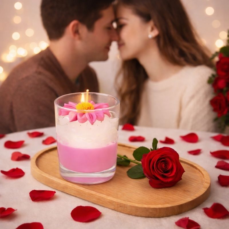 Bougie Bijou Douce Attention, une rose rouge est posée sur le plateau en bois à côté de la bougie bijou rose. Ambiance romantique.