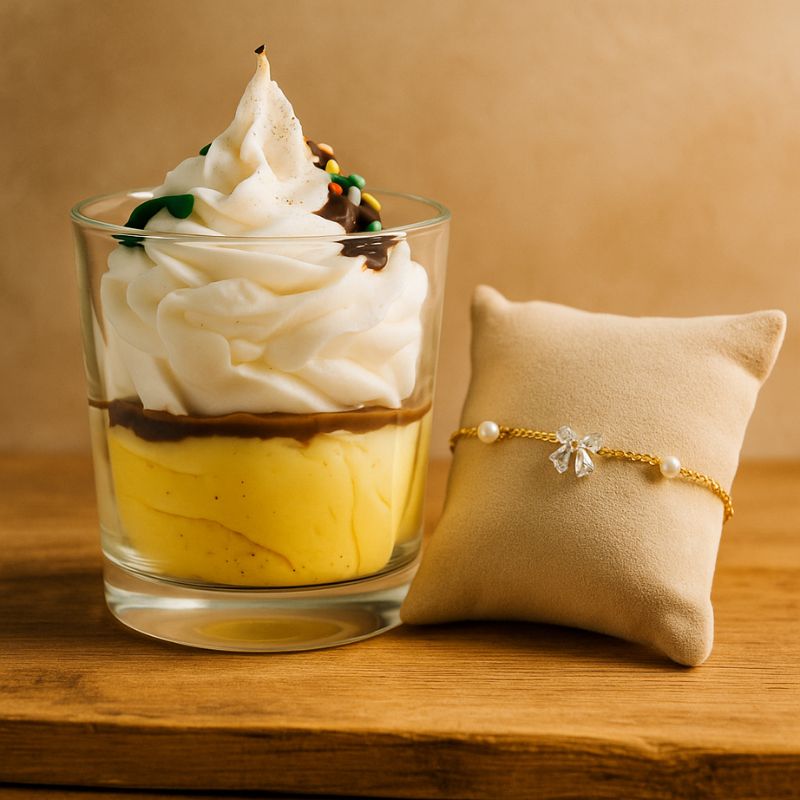 Bougie Bijou Surprise Précieuse, la bougie et à côté du bijou posé sur une table en bois. Ambiance vintage.