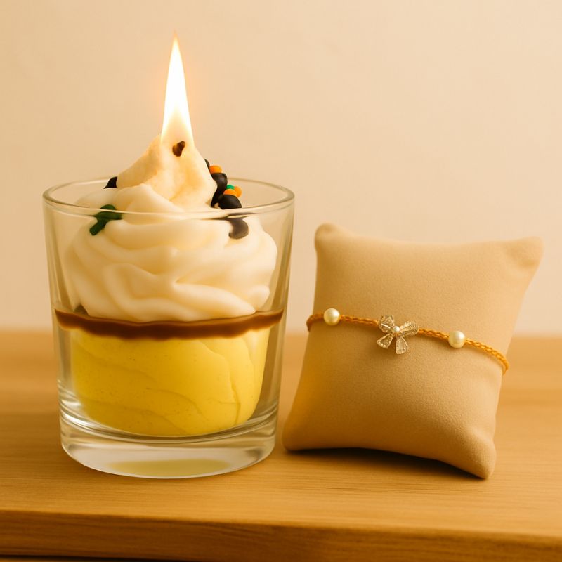 Bougie Bijou Surprise Précieuse, le bijou surprise qui se trouve dans la bougie est présenté à côté de celle-ci. Ambiance cosy.