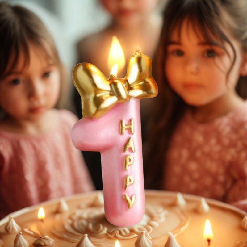 Bougie Chiffre Rose Girly et Chic, la bougie est allumée et avec des enfants autour. La bougie est disposée sur un gâteau d’anniversaire. Le chiffre de la bougie est le 1.