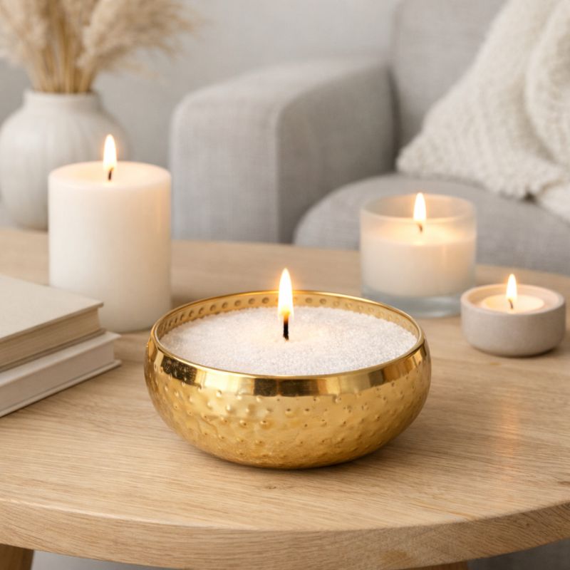 Bougie Cire Perle Blanche bol doré décoration intérieure ambiance chaleureuse.