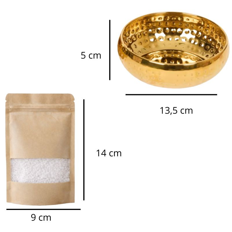 Bougie Cire Perle Blanche, avec leurs dimensions et sur fond blanc.