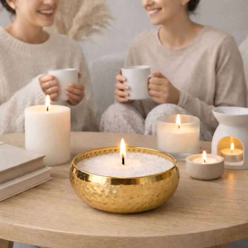 Bougie Cire Perle Blanche bol doré allumée ambiance cosy avec bougies décoration intérieure.