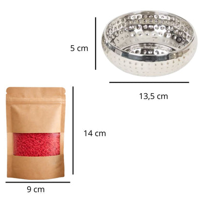 Bougie Cire Perle Rouge – Bol Argenté, avec leurs dimensions et sur fond blanc.
