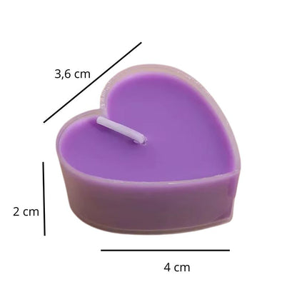 Bougie Décorative Chauffe Plat Cœur Lot 9 pièces, de couleur violette, avec ses dimensions et sur fond blanc.