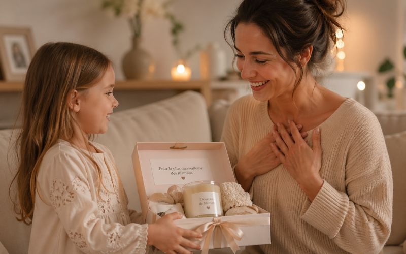 Coffret bougie cadeau offert à une maman par son enfant, scène chaleureuse et moment de douceur pour la Fête des mères 2026.