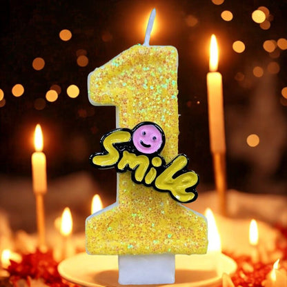 Bougie Fun Jaune Pétillante, dans une ambiance anniversaire. Le chiffre est le 1.