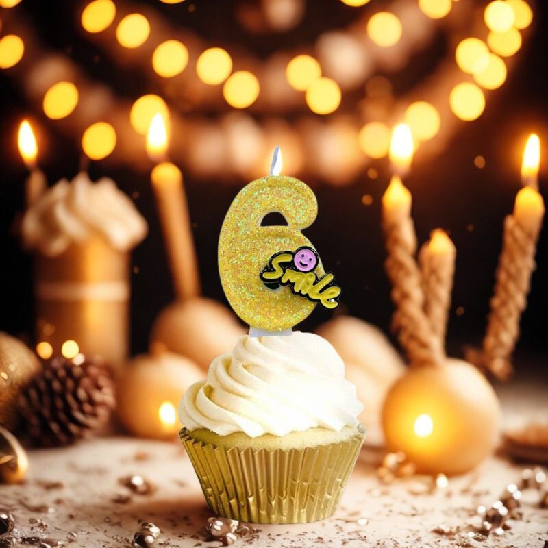 Bougie Fun Jaune Pétillante, dans une ambiance festive d'anniversaire, la bougie est posée sur un cupcake. Chiffre 6.