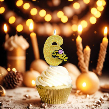 Bougie Fun Jaune Pétillante, dans une ambiance festive d'anniversaire, la bougie est posée sur un cupcake. Chiffre 6.