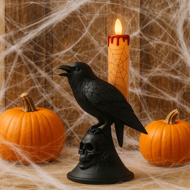 Bougie Halloween Esprit des Ténèbres, dans une ambiance d'Halloween, en forme de corbeau et tête de mort noire avec des citrouilles autour.