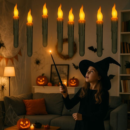 Bougie Halloween Flottante et Magique, une fillette fait flotter les bougies avec sa baguette magique. Ambiance d'halloween.