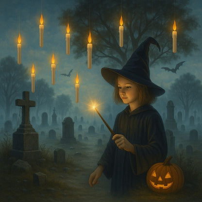Bougie Halloween Flottante et Magique dans une ambiance de cimetière et effrayante.